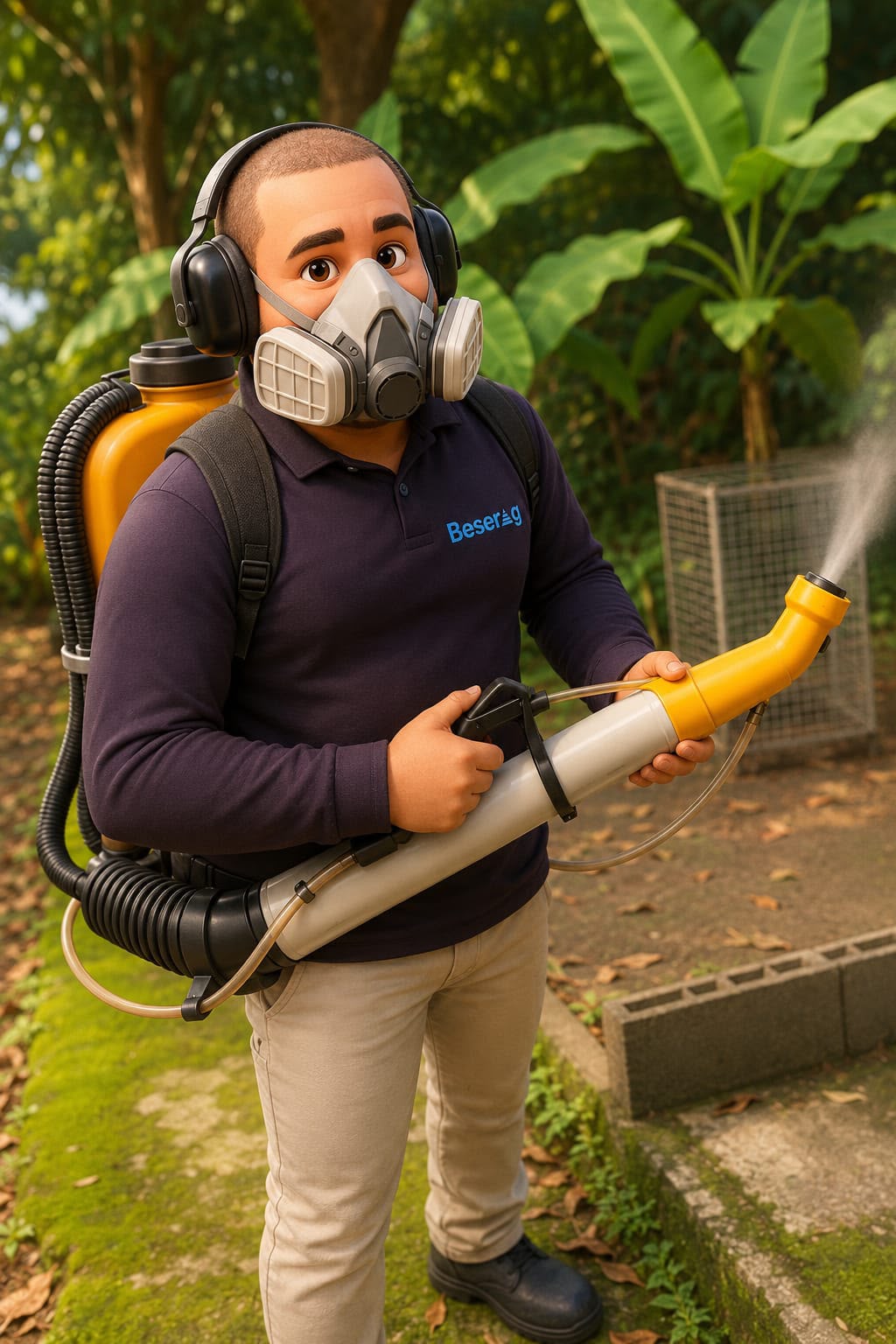 Técnico Beserag equipado para o serviço de dedetização